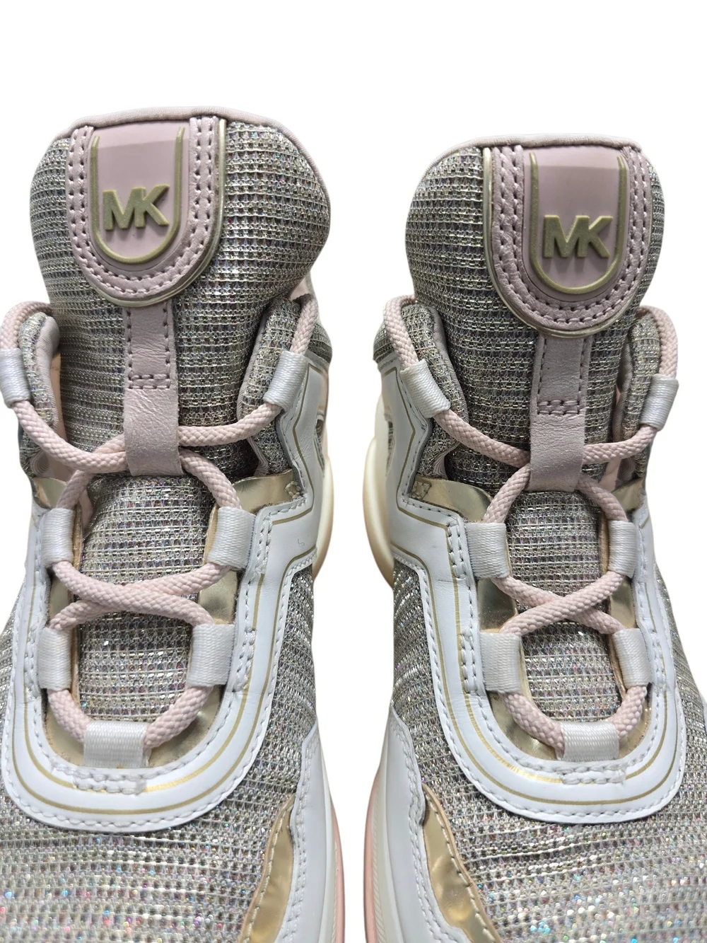 Michael Kors Olympia Women Glitter Chain-Mesh Pink and Gold Platform Sneakers 7